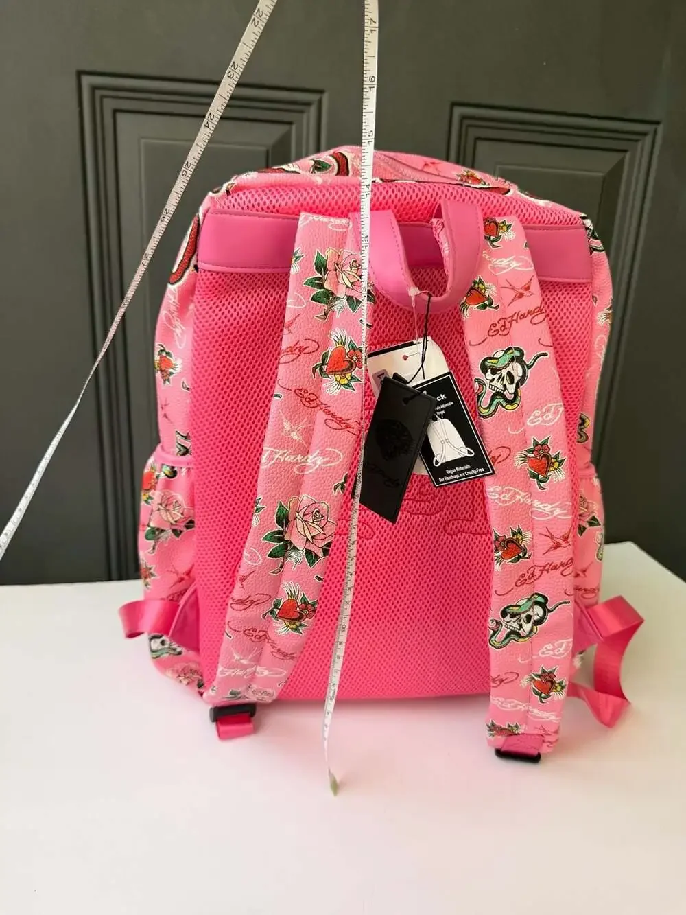 Ed Hardy Pink Tattoo Print Vegan Leather Backpack